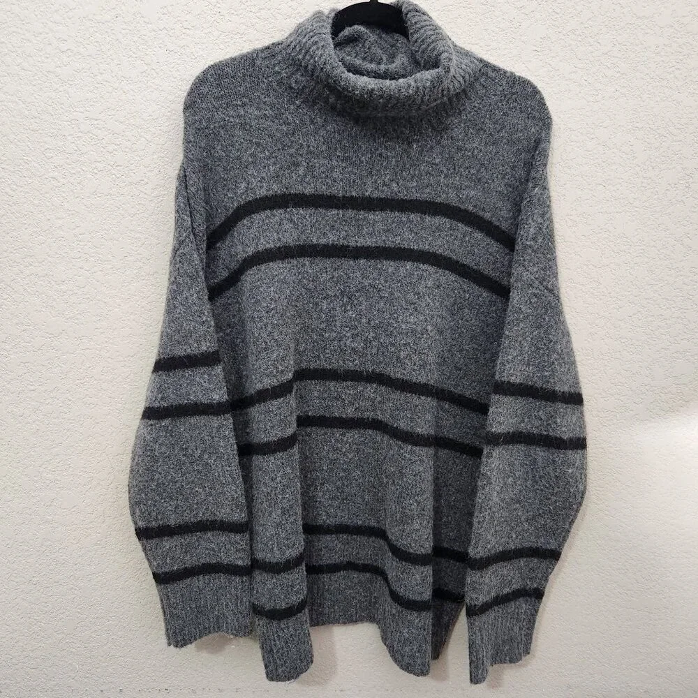 Grace + Karma Turtleneck Sweater 1X Gray & Black Striped Boho Cottage